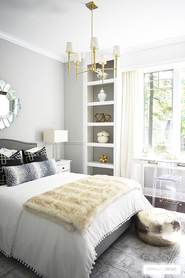 Glam teen girl bedroom makeover, with soft grey walls, and chic decor.