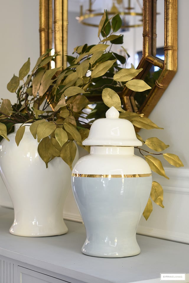 Gorgeous grey, gold and white color block ginger jar.