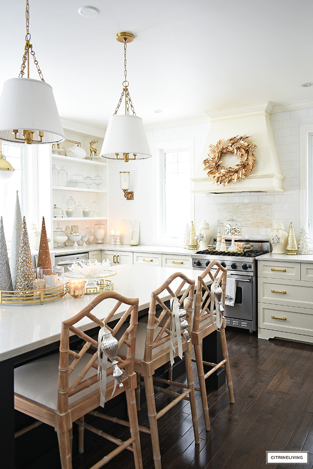 Christmas Kitchen Decorating: Silver, Gold + Greenery