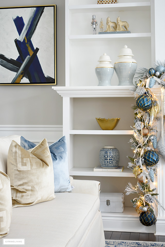 Elegant Christmas living room decor with velvet pillows