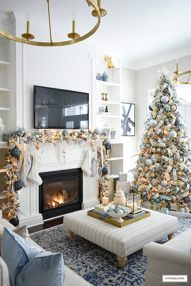 ELEGANT CHRISTMAS LIVING ROOM: SOFT BLUE, GOLD, SILVER + WHITE