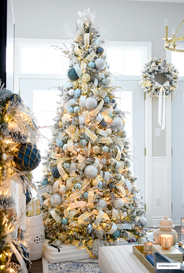 Light blue, gold, silver and white Christmas decorating 