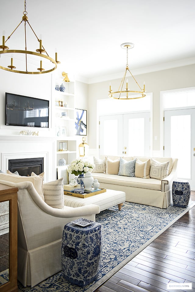 Spring living room decorating with soft blues and creamy whites.