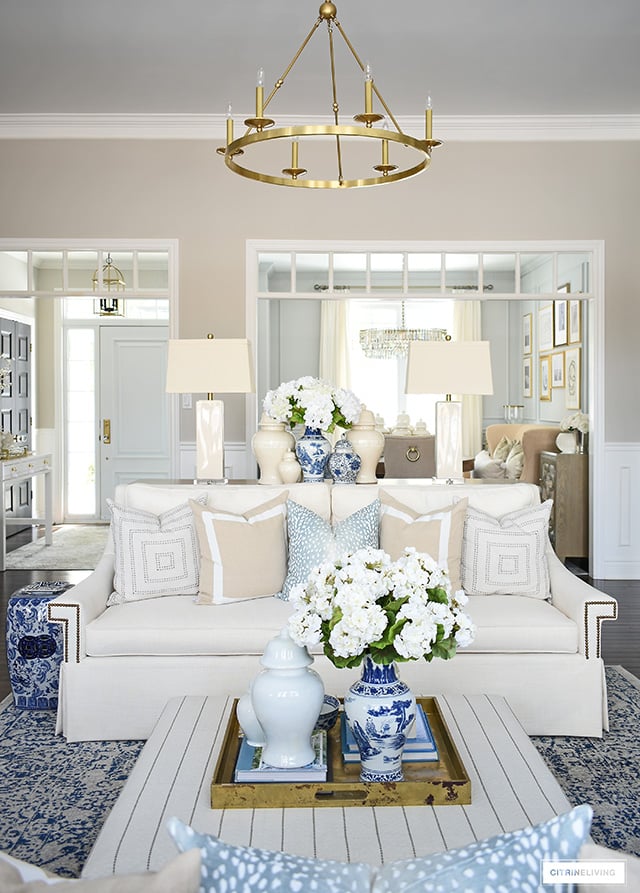 Spring decorating with elegant neutral tones and blue accents.