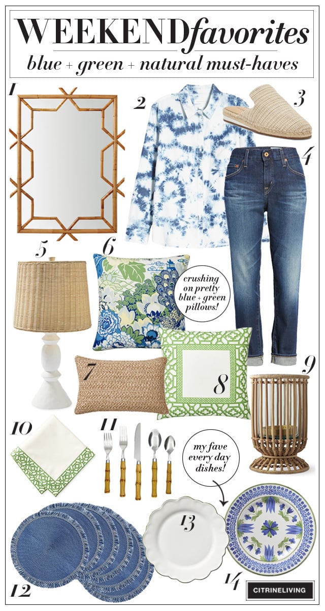 Blue, green and natural home decor and fashion favorites