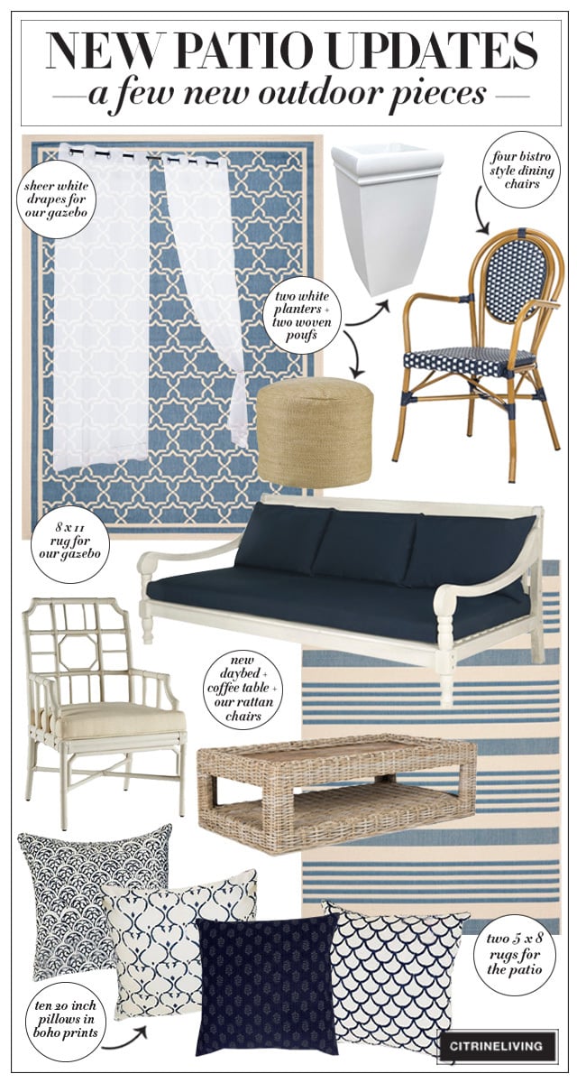 Blue, white and natural patio updates - furniture and accessories to lighten your outdoor space!