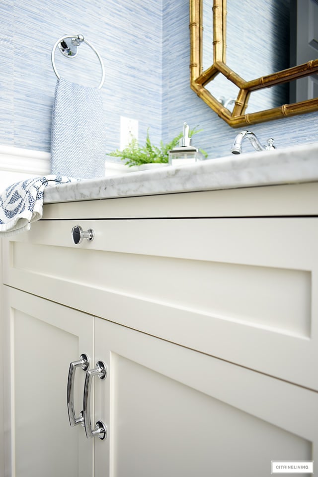 Pretty polished silver bathroom hardware with curved details.