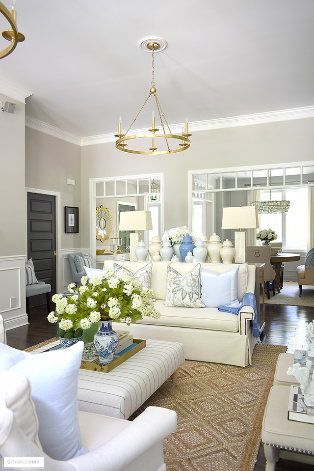 Summer living room with a breezy blue and green color palette.