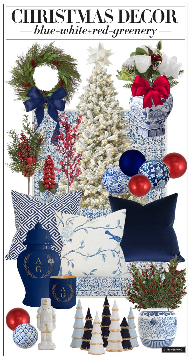 Christmas Decor in blue, white and red with greenery and chinoiserie accents is stunning!