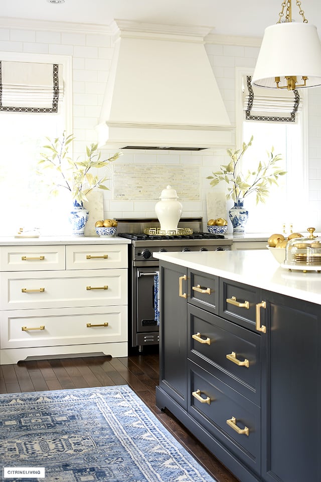 FALL KITCHEN DECOR IN BLUE, WHITE + GOLD - CITRINELIVING