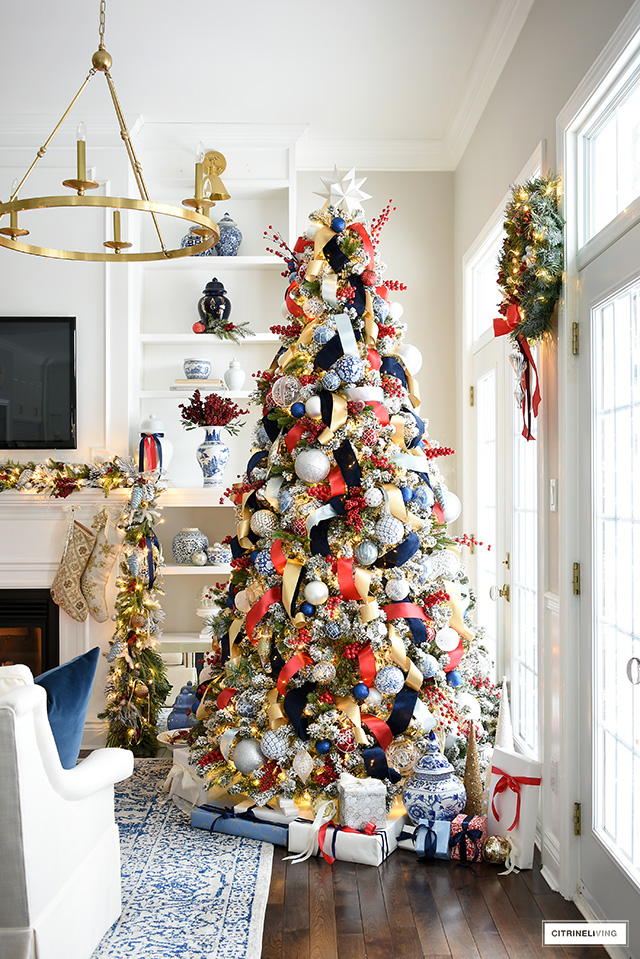 SOPHISTICATED BLUE AND RED CHRISTMAS TREE WITH GOLD + SILVER