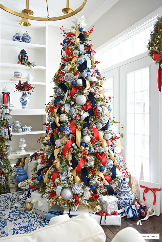 Flocked Christmas Tree Decor: Blue, Silver + Gold - CitrineLiving