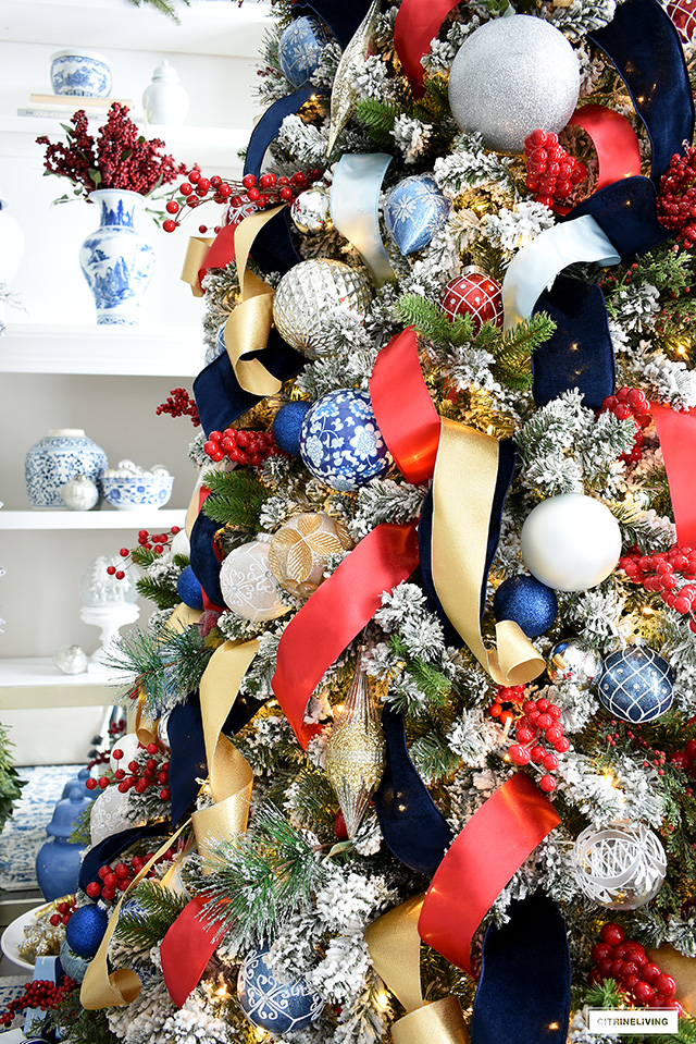 Decorating a Flocked Christmas Tree in Red and White and Creating