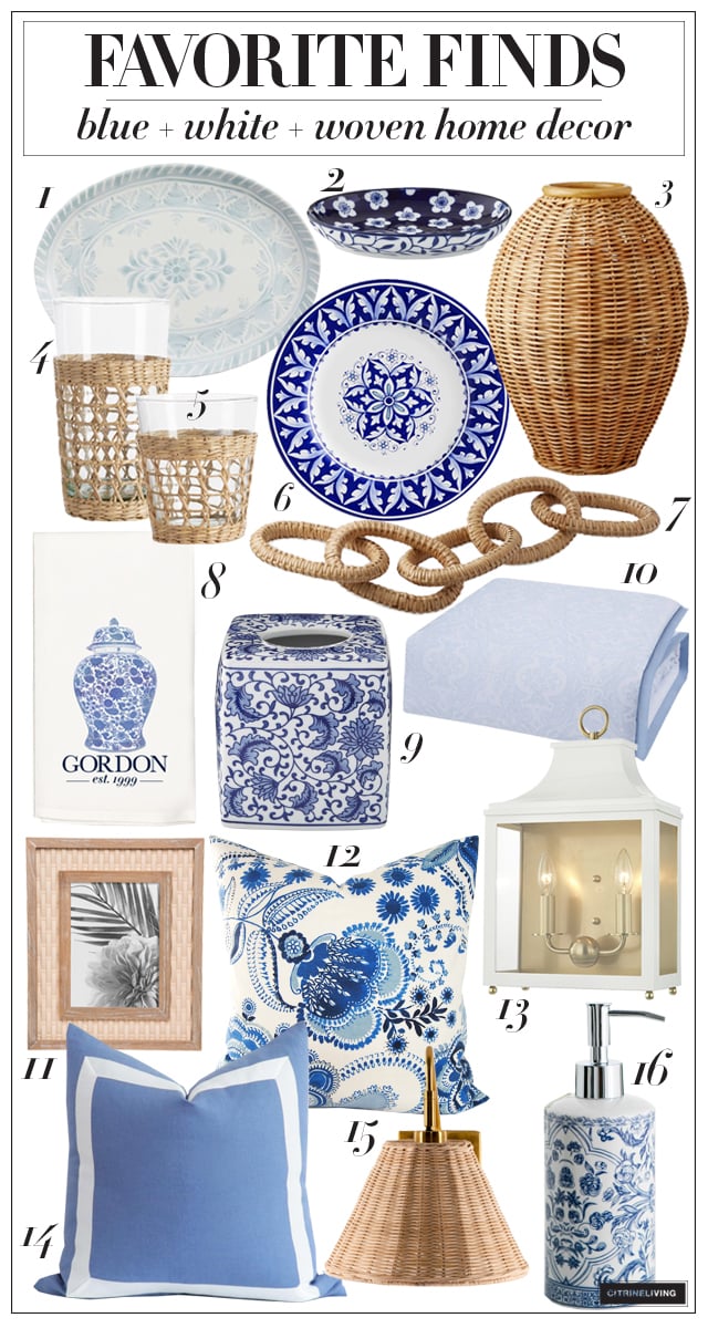 Blue, white and woven home decor accessories and dishware