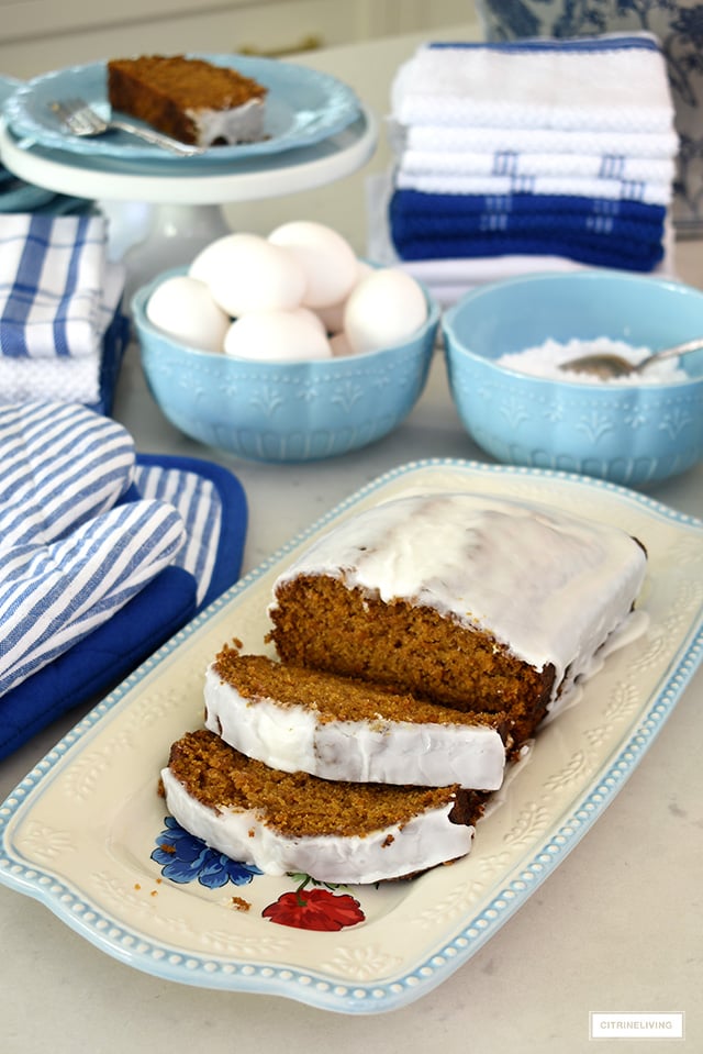 Blue dishes and platter with delicious pumpkin loaf.