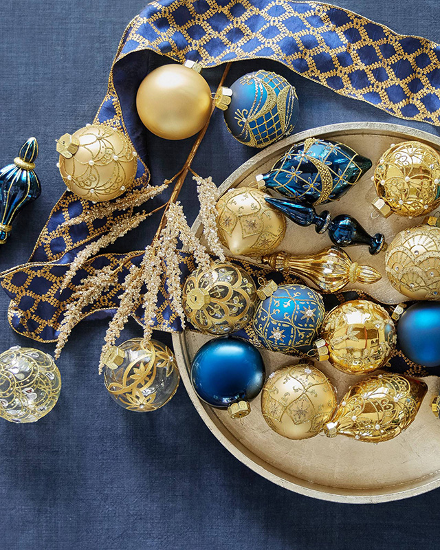 Gold an blue traditional Christmas ornaments from Balsam Hill Biltmore collection.