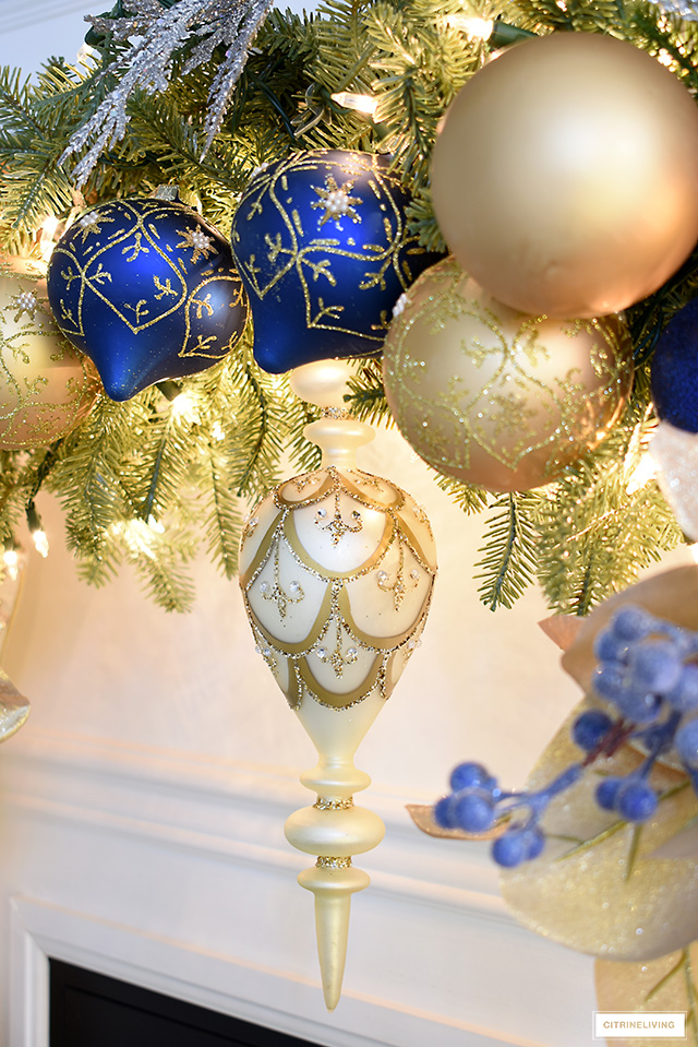 Gorgeous blue, white and gold Christmas decorations.