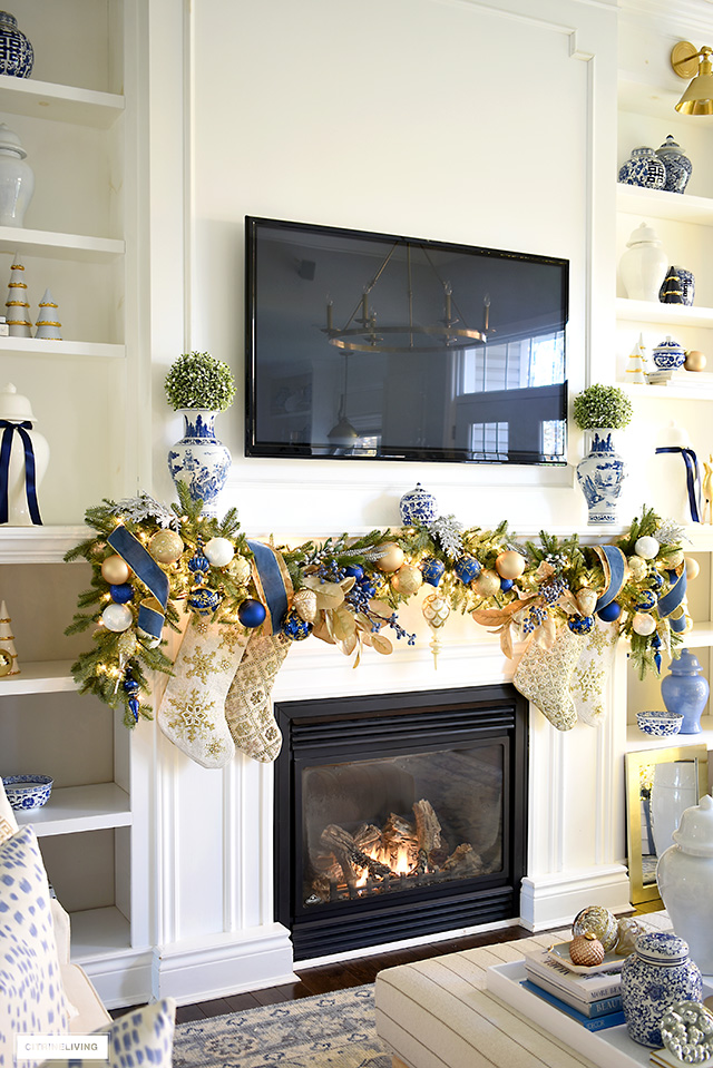 A stunning blue and gold decorated Christmas garland, hung in a swag for an elegant and classic look.