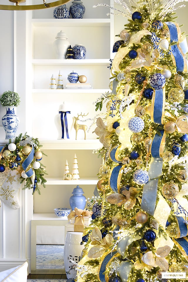 Gorgeous Blue and Gold Christmas Tree + Garland