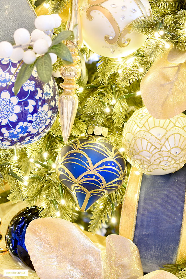 Gorgeous blue and gold Christmas ornaments.