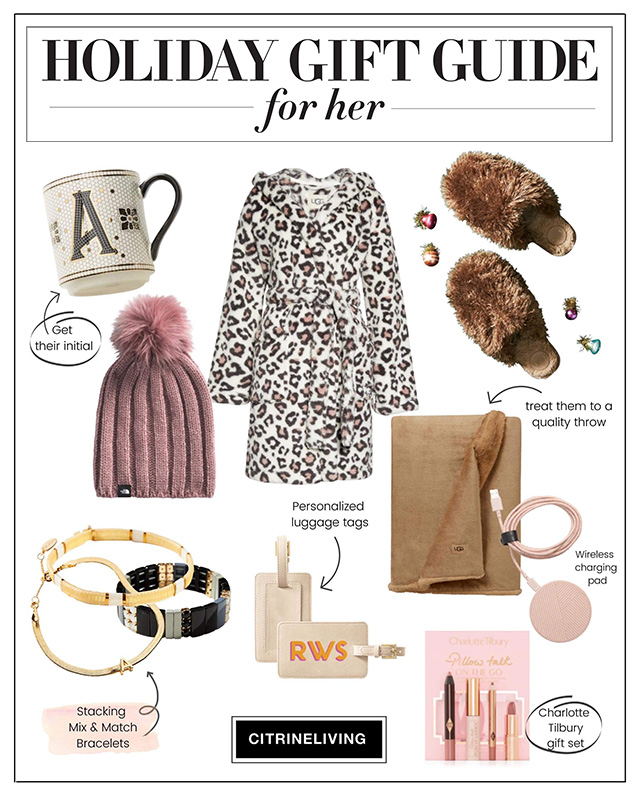 Holiday gifts for her - monogram mug, pink knit hat with pompom, leopard robe, fuzzy slippers, cozy throw blanket, assorted bracelets, luggage tags, makeup set for eyes and lips and wireless charging pad.