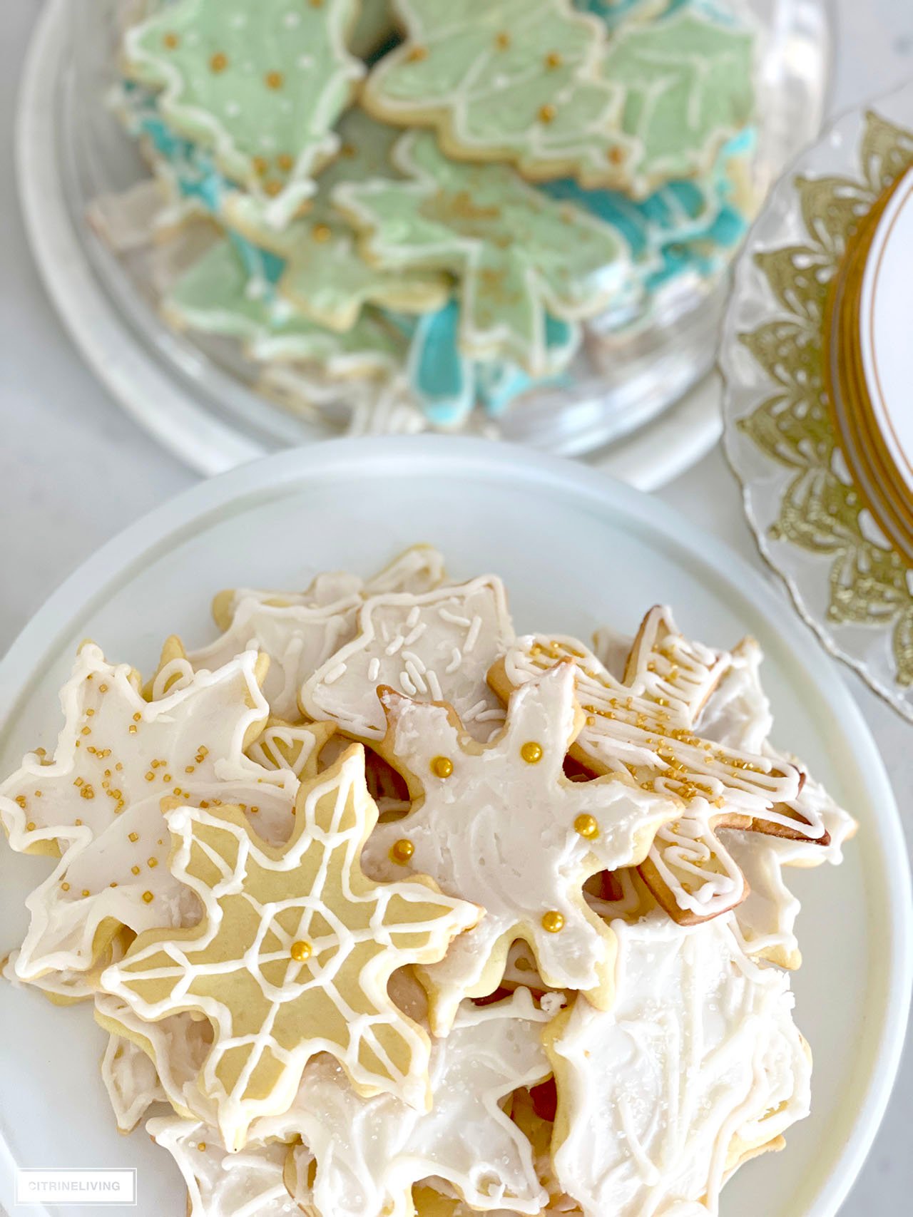 Beautiful assortment of white decorated Christmas sugar cookies.