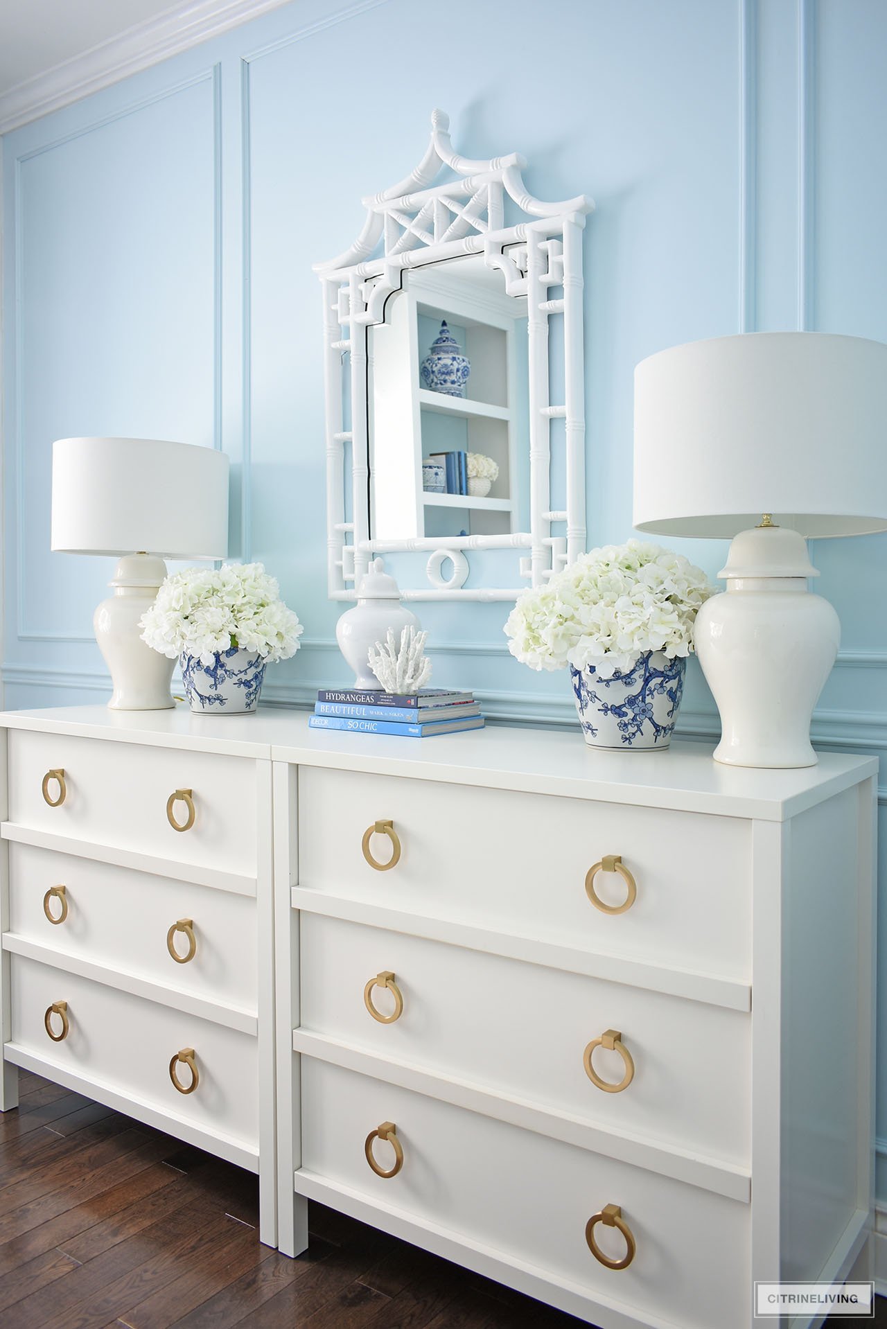 DRESSER DECOR IN ELEGANT HOME OFFICE IN BLUE + WHITE CHINOISERIE