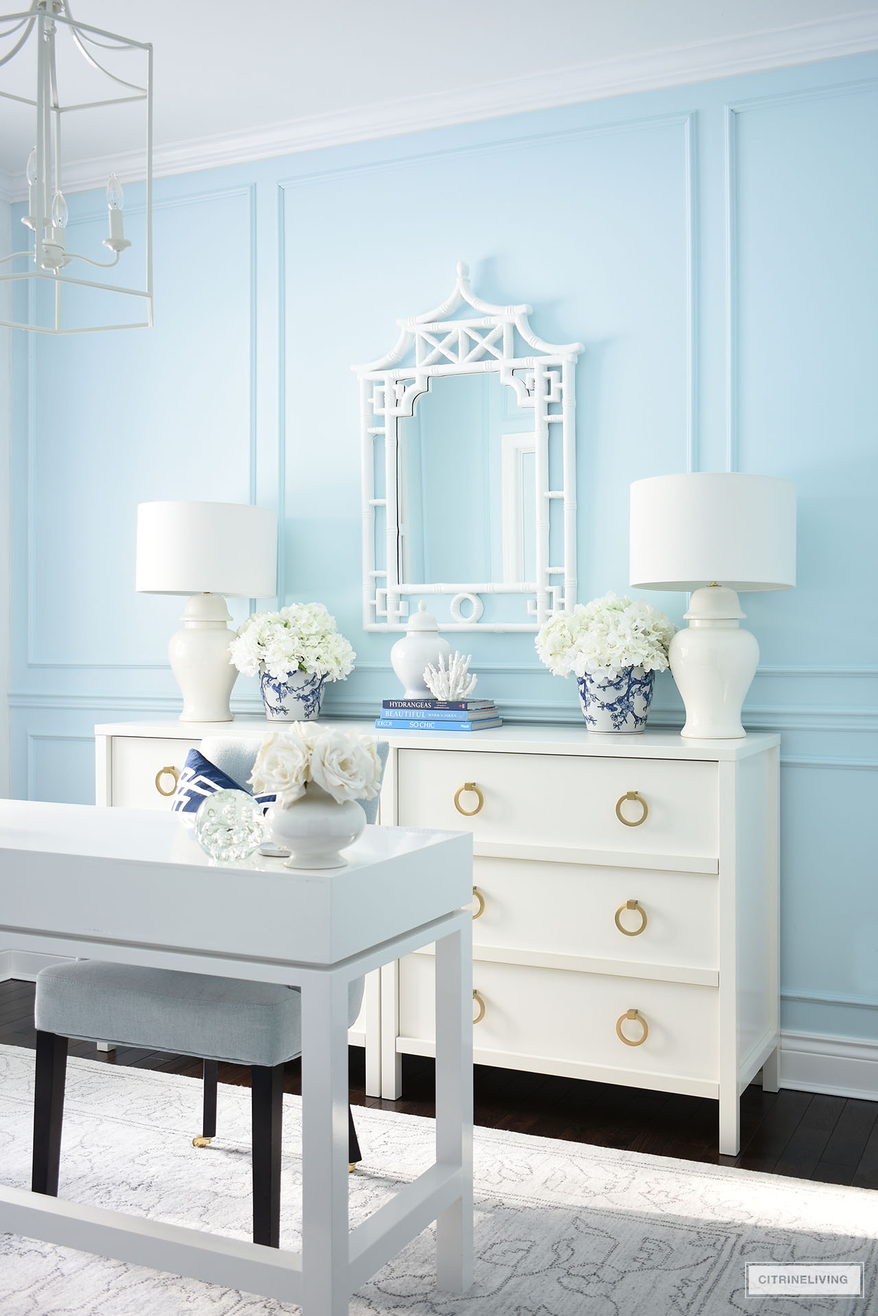DRESSER, DECOR AND MIRROR IN ELEGANT HOME OFFICE IN BLUE + WHITE CHINOISERIE