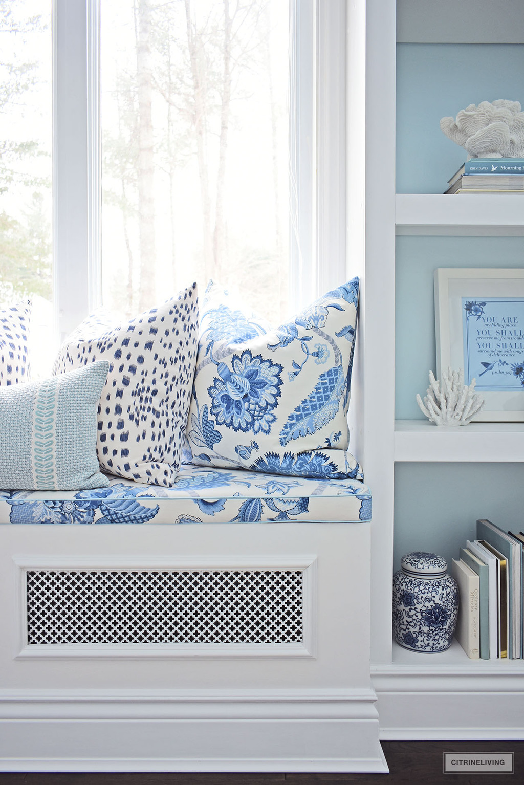 READING NOOK IN ELEGANT HOME OFFICE IN BLUE + WHITE CHINOISERIE