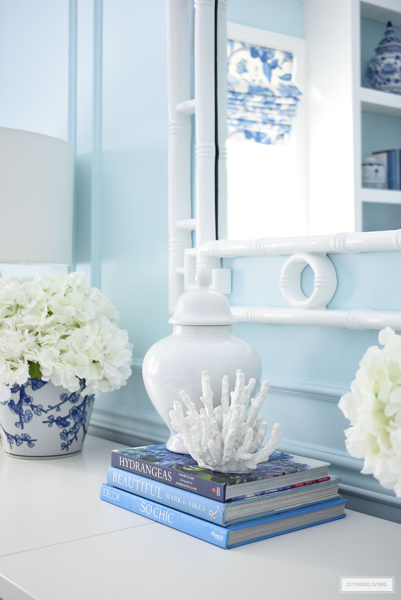 DRESSER DECOR IN ELEGANT HOME OFFICE IN BLUE + WHITE CHINOISERIE