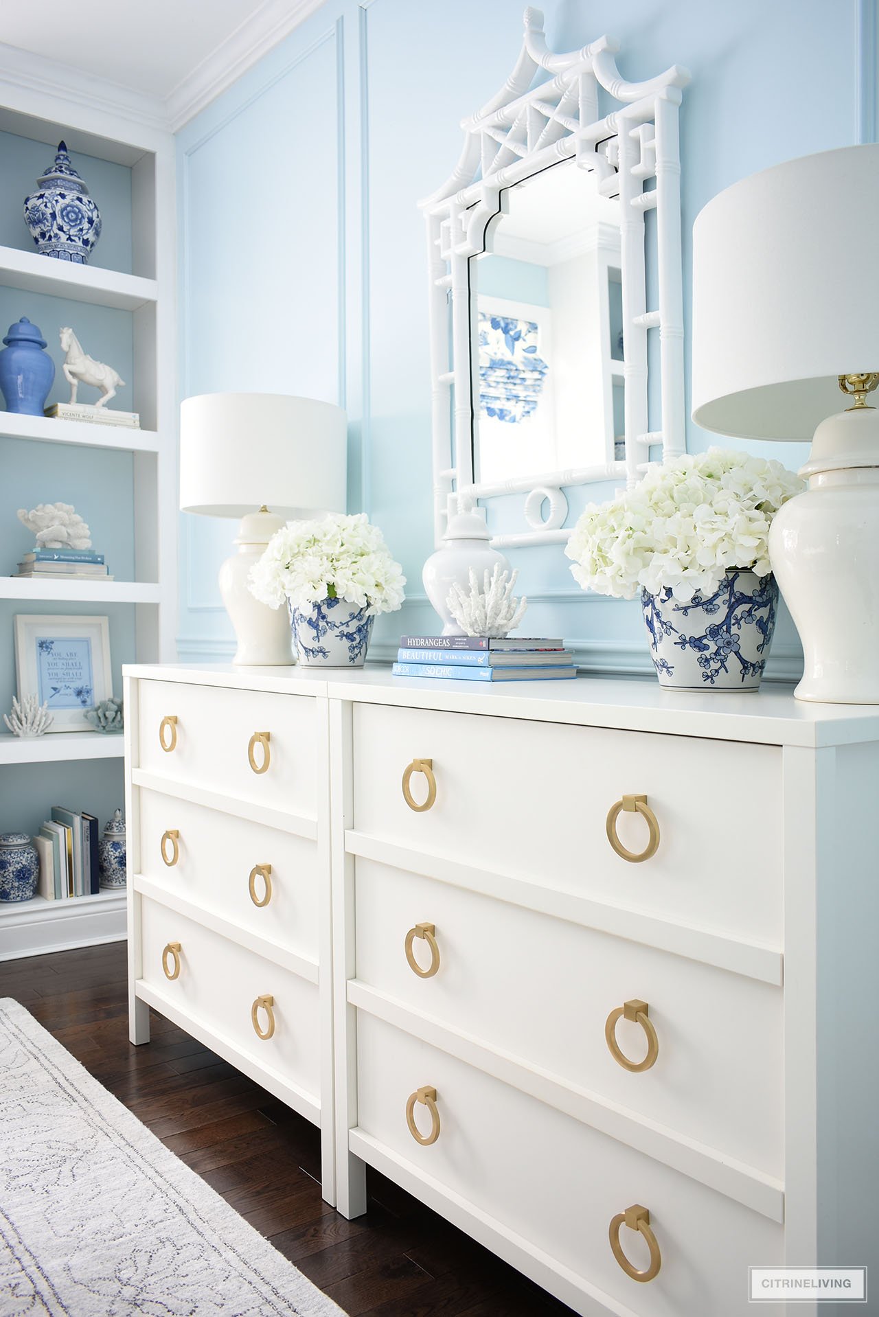 DRESSER DECOR IN ELEGANT HOME OFFICE IN BLUE + WHITE CHINOISERIE