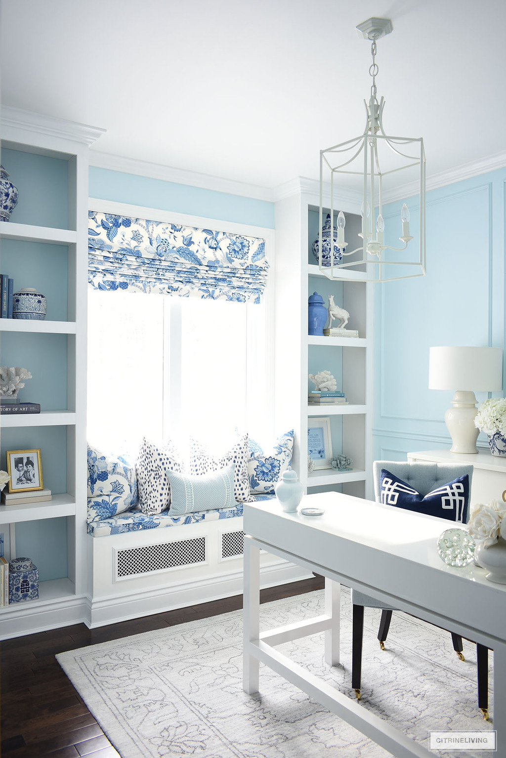 Chic and elegant blue and white home office.