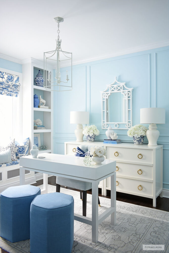 Home office decorated in a chininoiserie blue and white color palette.