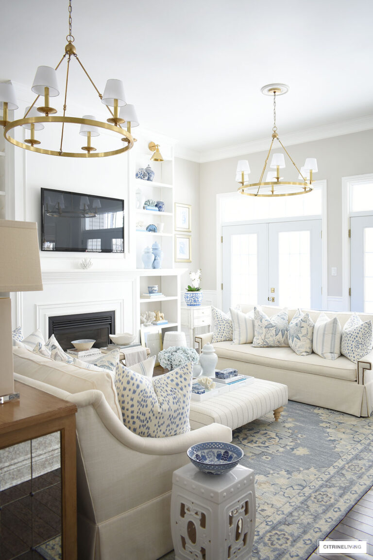 LIVING ROOM SPRING DECOR IN BLUE + WHITE | CITRINELIVING