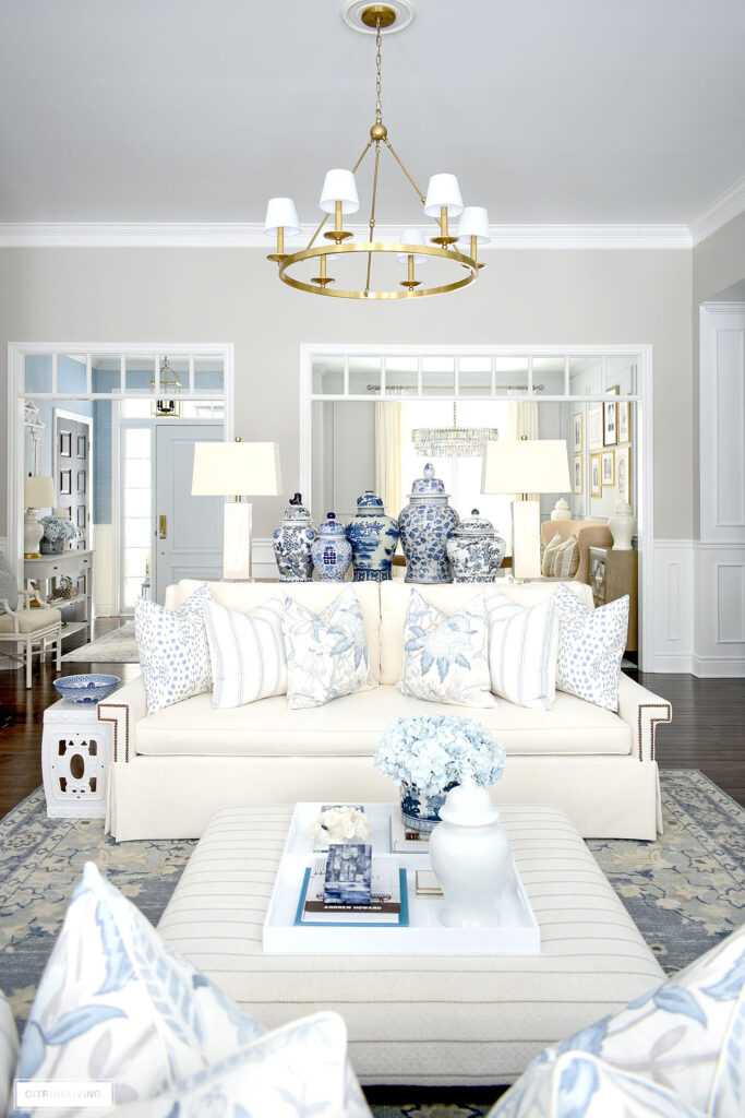 LIVING ROOM SPRING DECOR IN BLUE + WHITE | CITRINELIVING