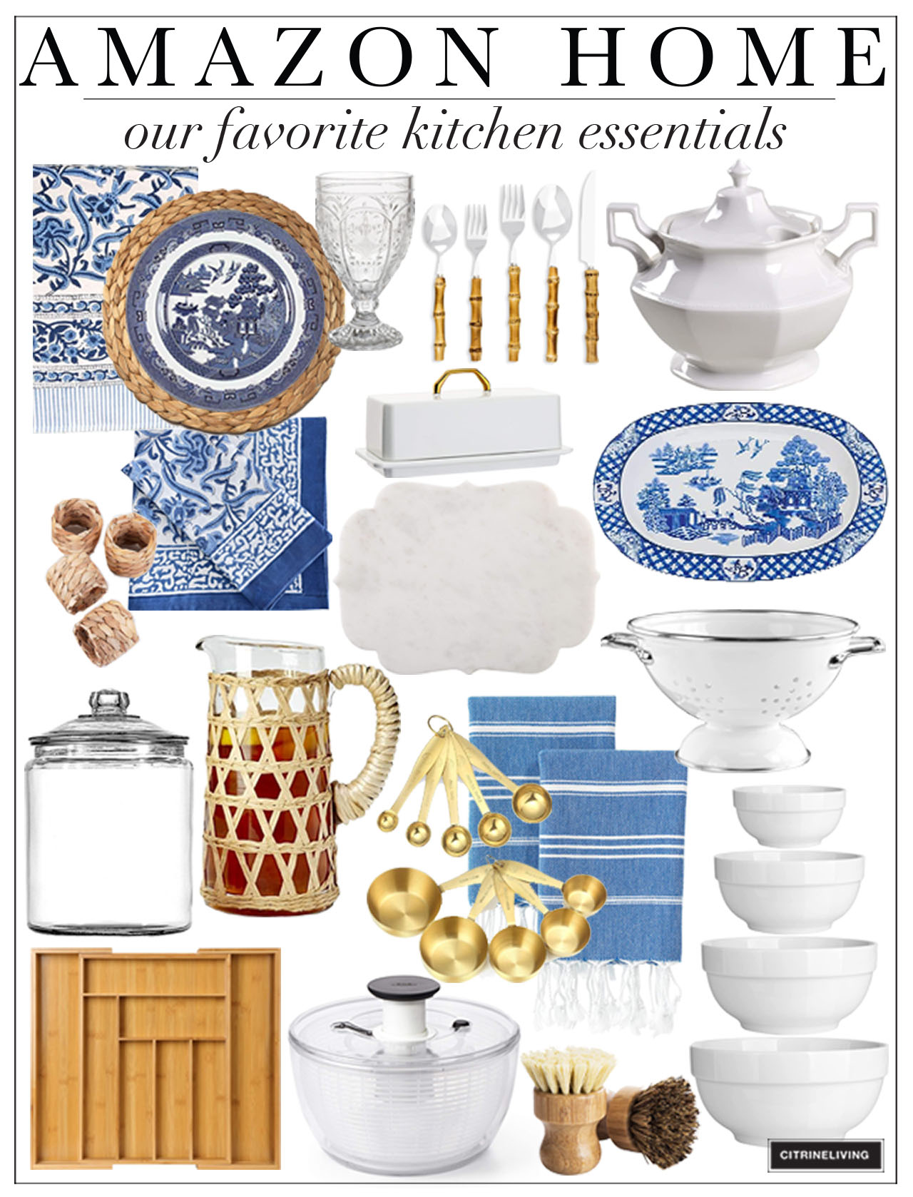 Kitchen essentials from Amazon home including blue and white dishes, bamboo flatware, nesting bowls and more!