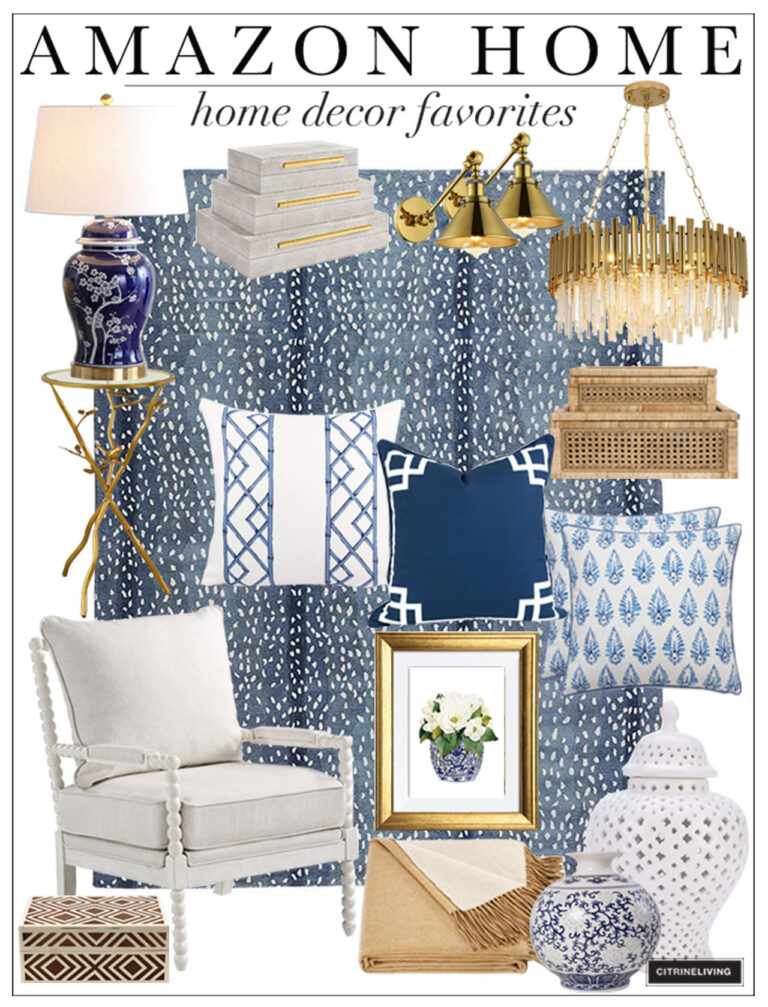 Beautiful home decor assortment from Amazon in blues, creamy whites, browns and golds.