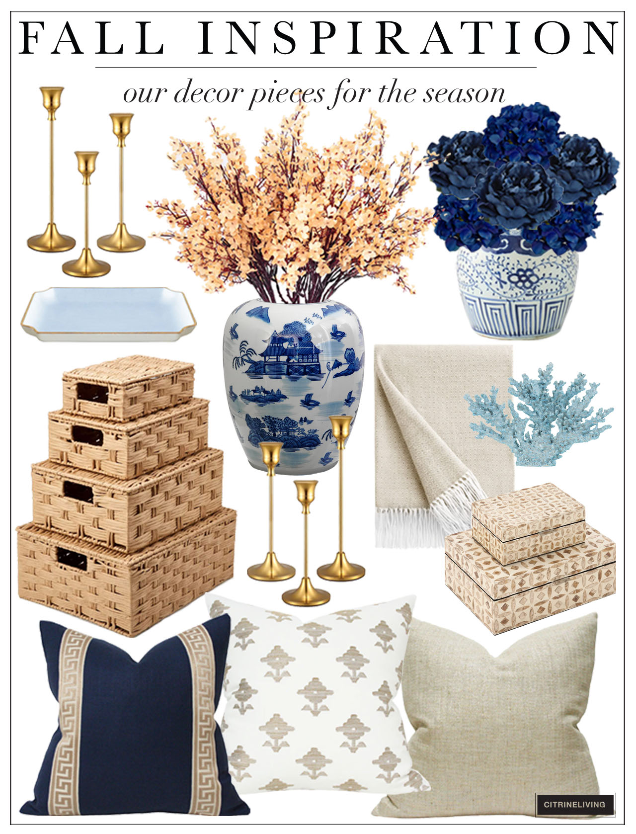 Fall decor in blue and white chinoiserie, beige, coastal elements, woven baskets, gold candlesticks, and blue and beige florals.