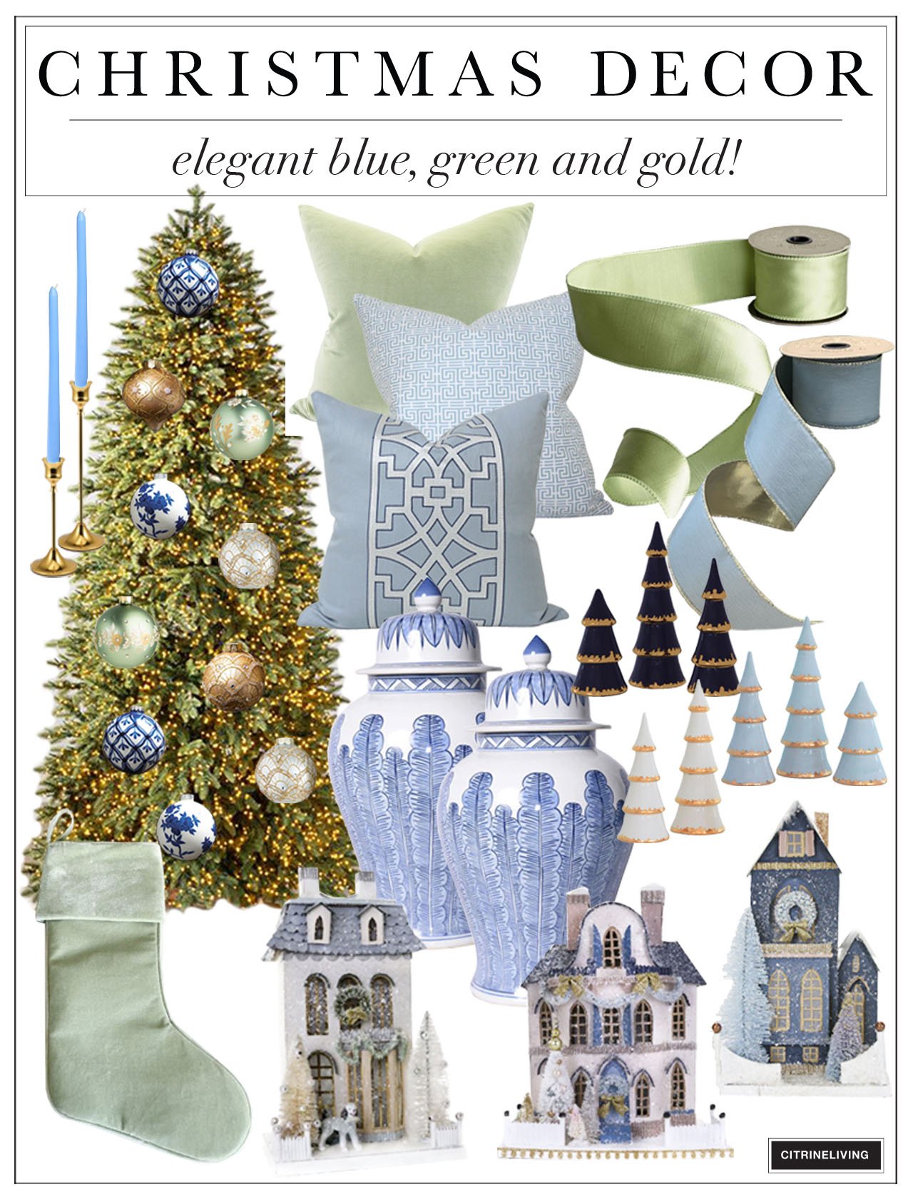 Christmas decor inspiration in blue, green and gold - classic ginger jars, Christmas village, velvet stockings, lush pillows and beautiful ribbon.