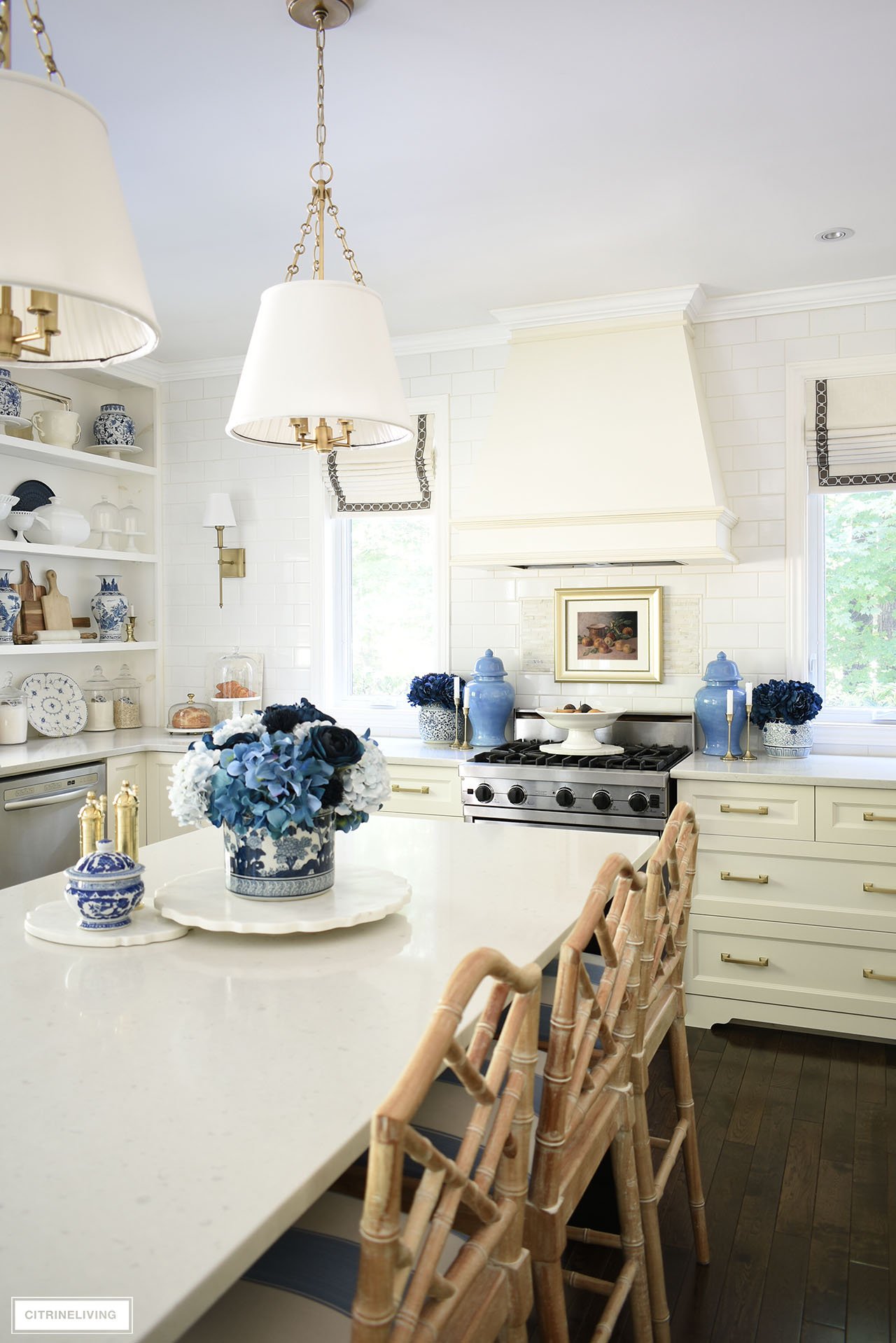 FALL KITCHEN DECOR IN BLUE, WHITE + GOLD - CITRINELIVING