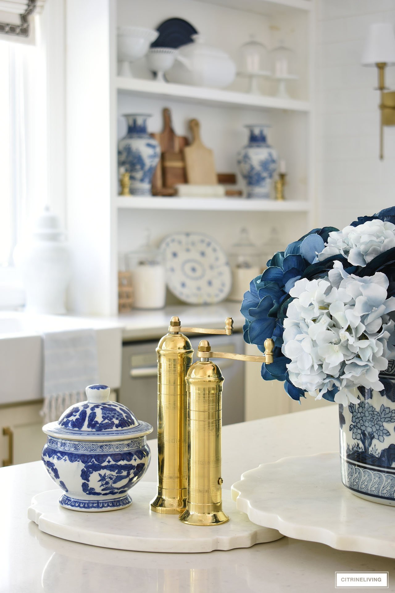 FALL KITCHEN DECOR IN BLUE, WHITE + GOLD - CITRINELIVING