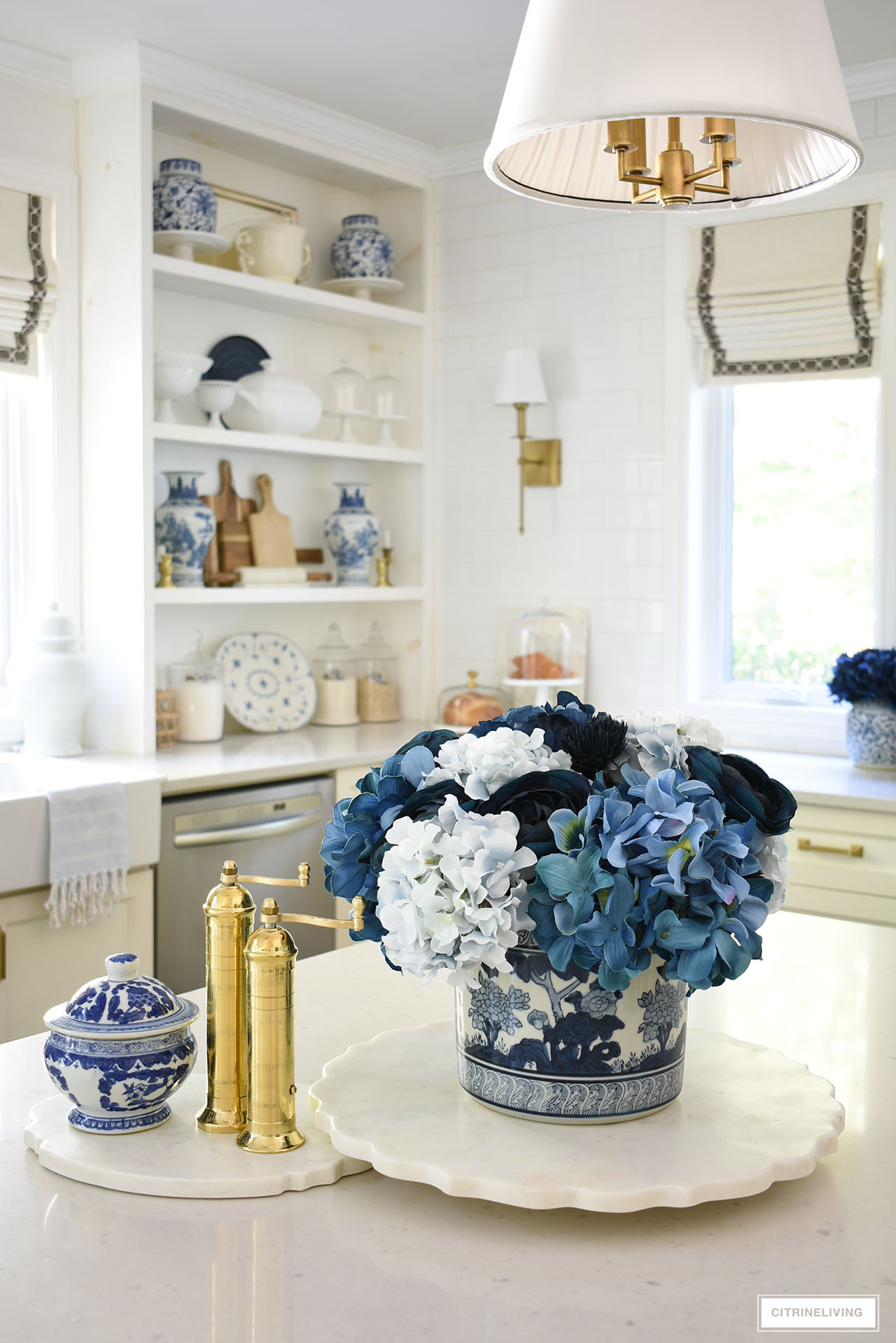 FALL KITCHEN DECOR IN BLUE, WHITE + GOLD - CITRINELIVING