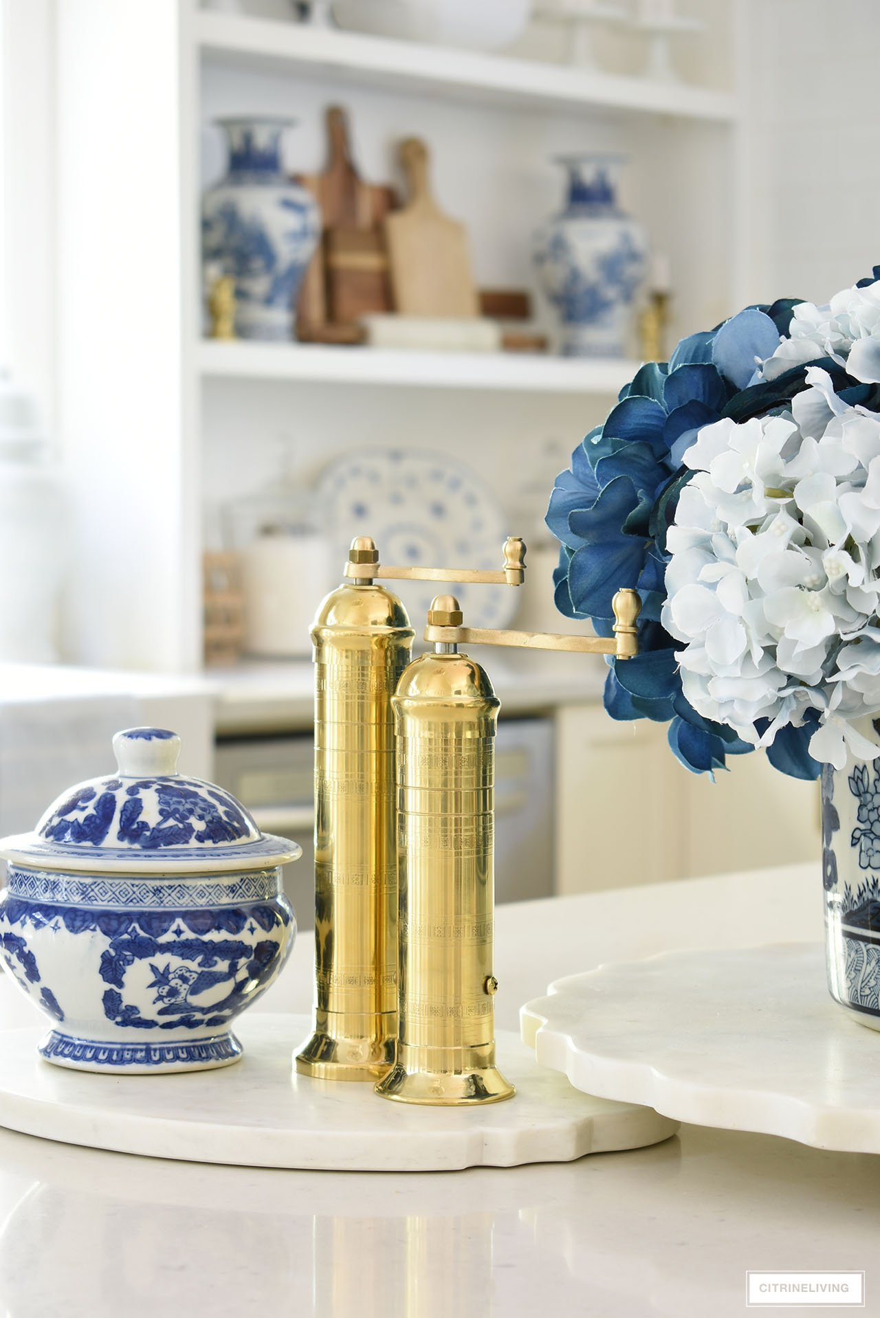 FALL KITCHEN DECOR IN BLUE, WHITE + GOLD - CITRINELIVING