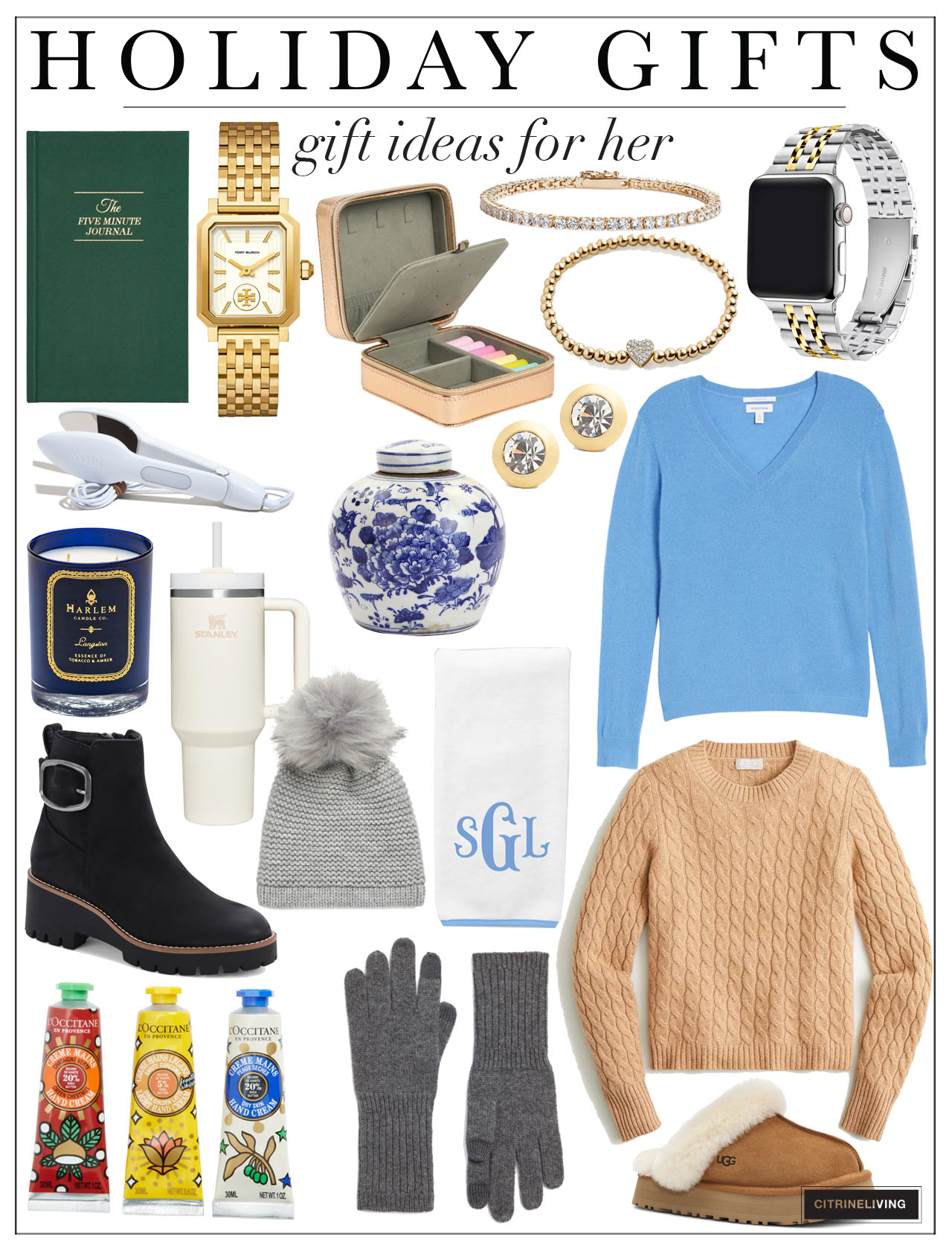 Holiday gift ideas for her! Sweaters, jewelry, cozy slipper, boots and more.
