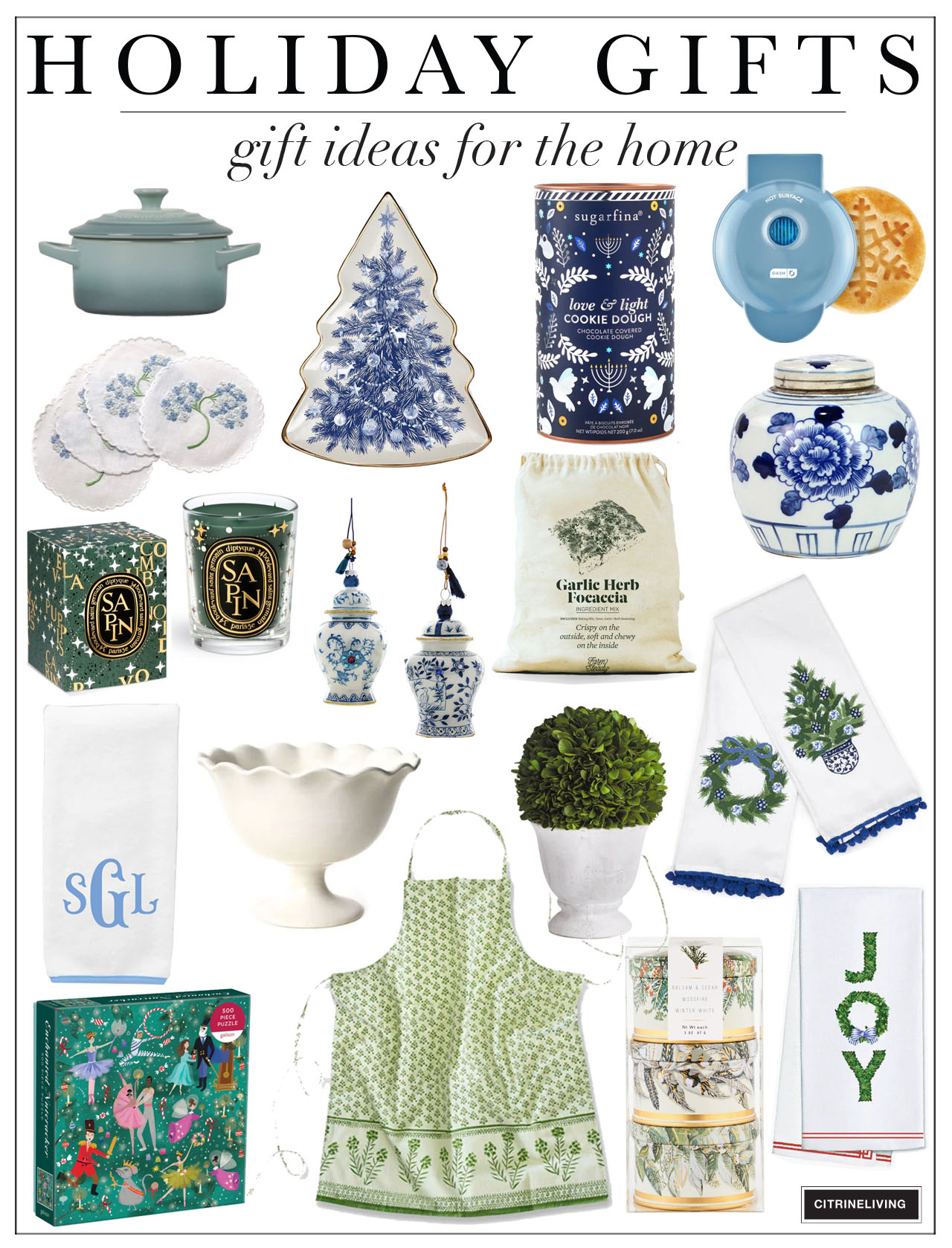 Holiday gifts for the hostess and home! Beautiful serving pieces, ginger jars, towels, candles and more.