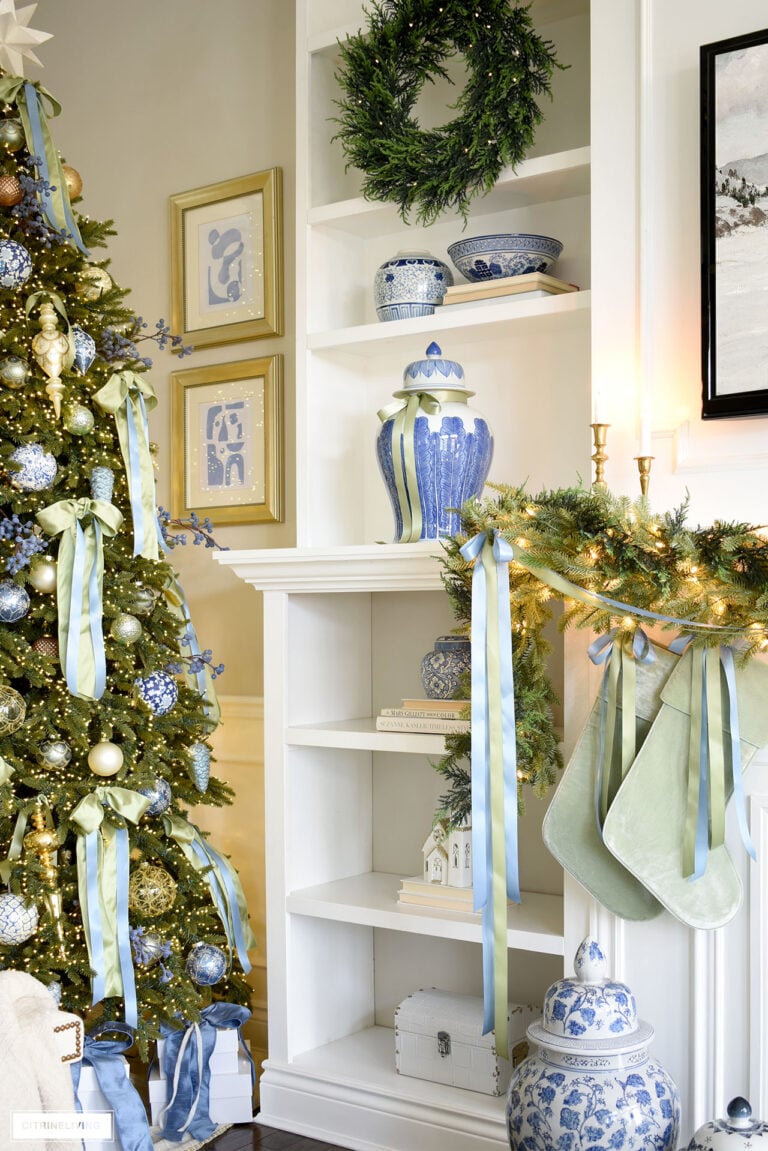 CHRISTMAS DECOR: A FESTIVE FRONT PORCH,  USING ORGANICS, HANGING GARLAND AND A BLUE AND GREEN THEME, PLUS GORGEOUS THANKSGIVING CENTERPIECE IDEAS!