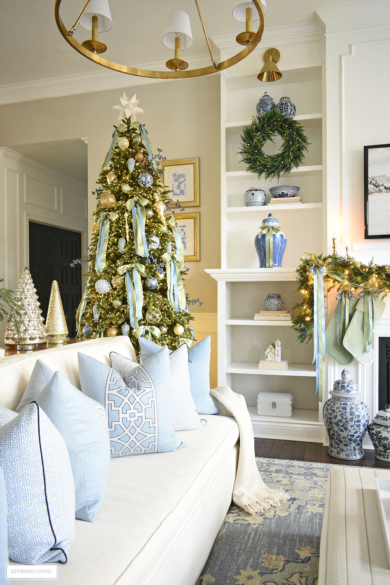 BLUE + GREEN CHRISTMAS TREE AND MANTEL | CitrineLiving