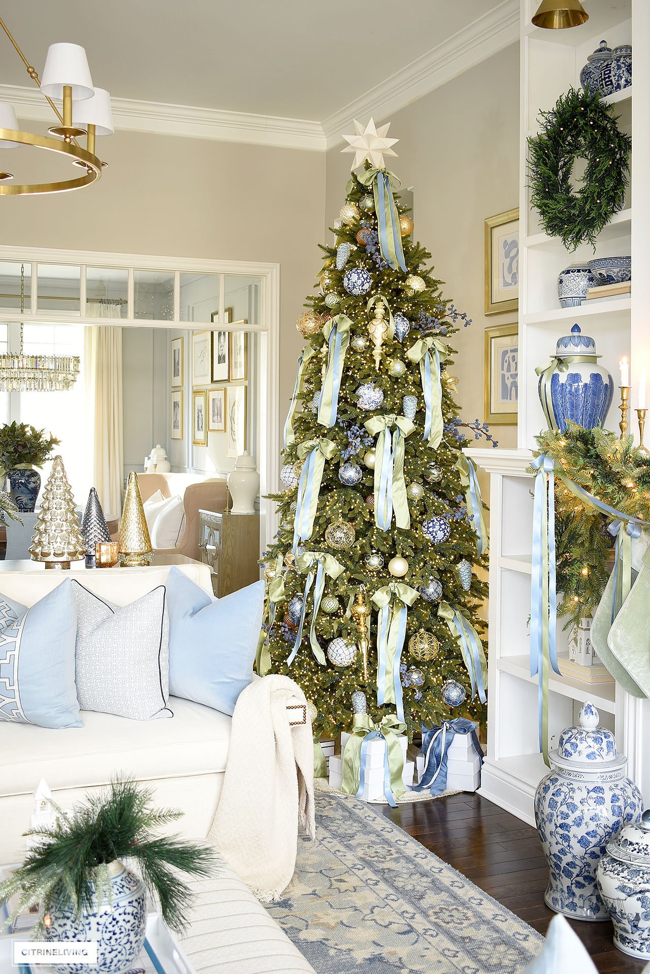 Sage Green & Gold Christmas Decor in the Family Room