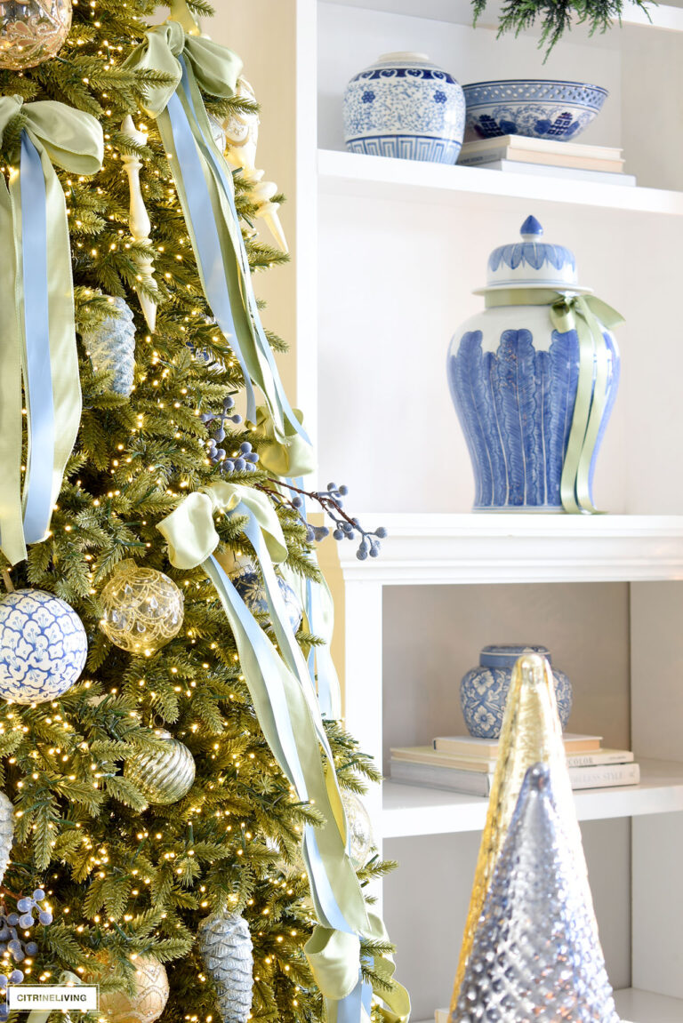 BLUE + GREEN CHRISTMAS TREE AND MANTEL CitrineLiving