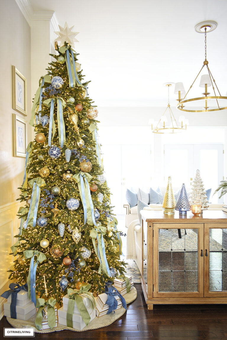 BLUE + GREEN CHRISTMAS TREE AND MANTEL | CitrineLiving